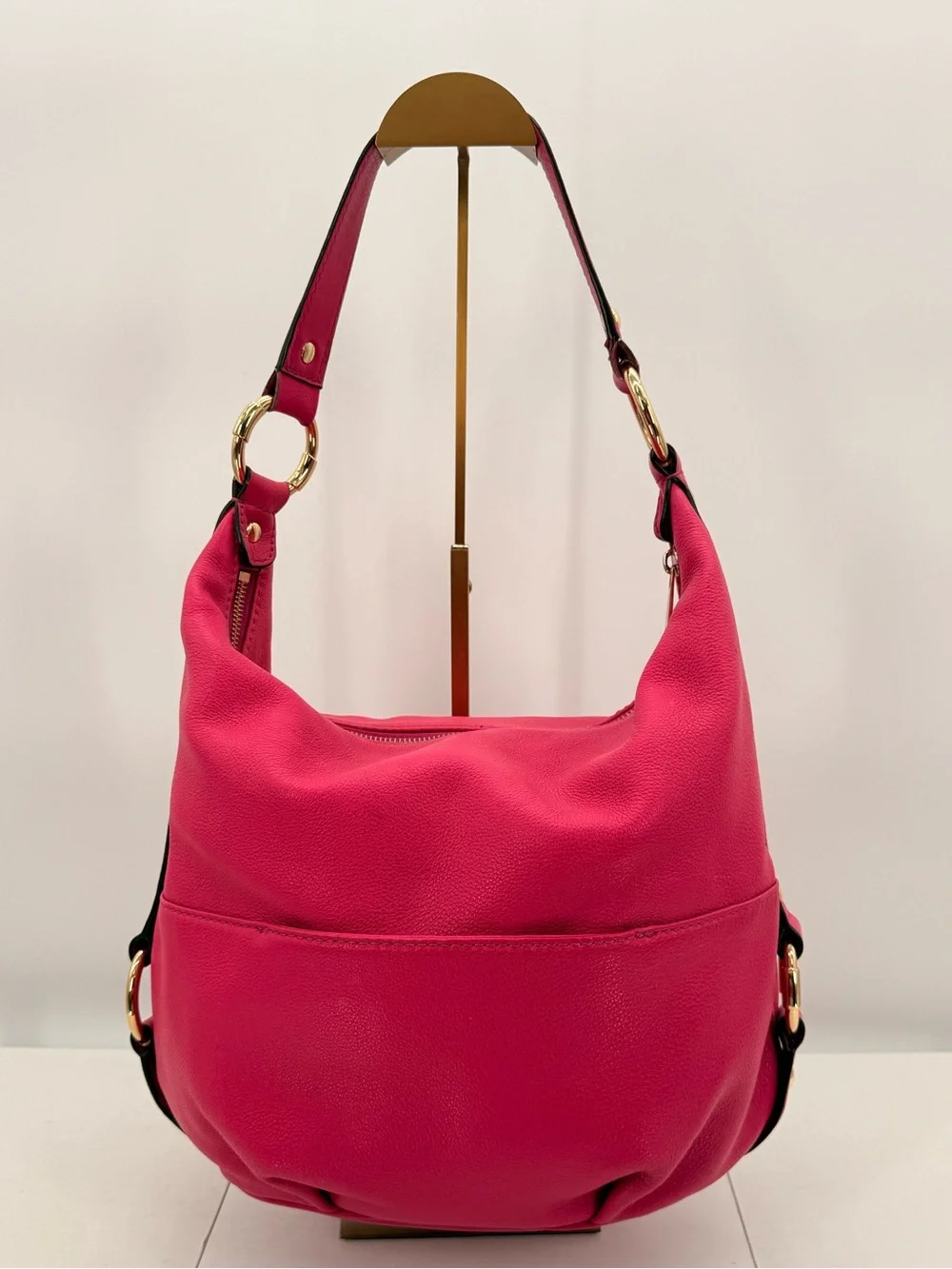 MICHAEL KORS Hot Pink Leather Hobo Shoulder Bag Gold MK Logo